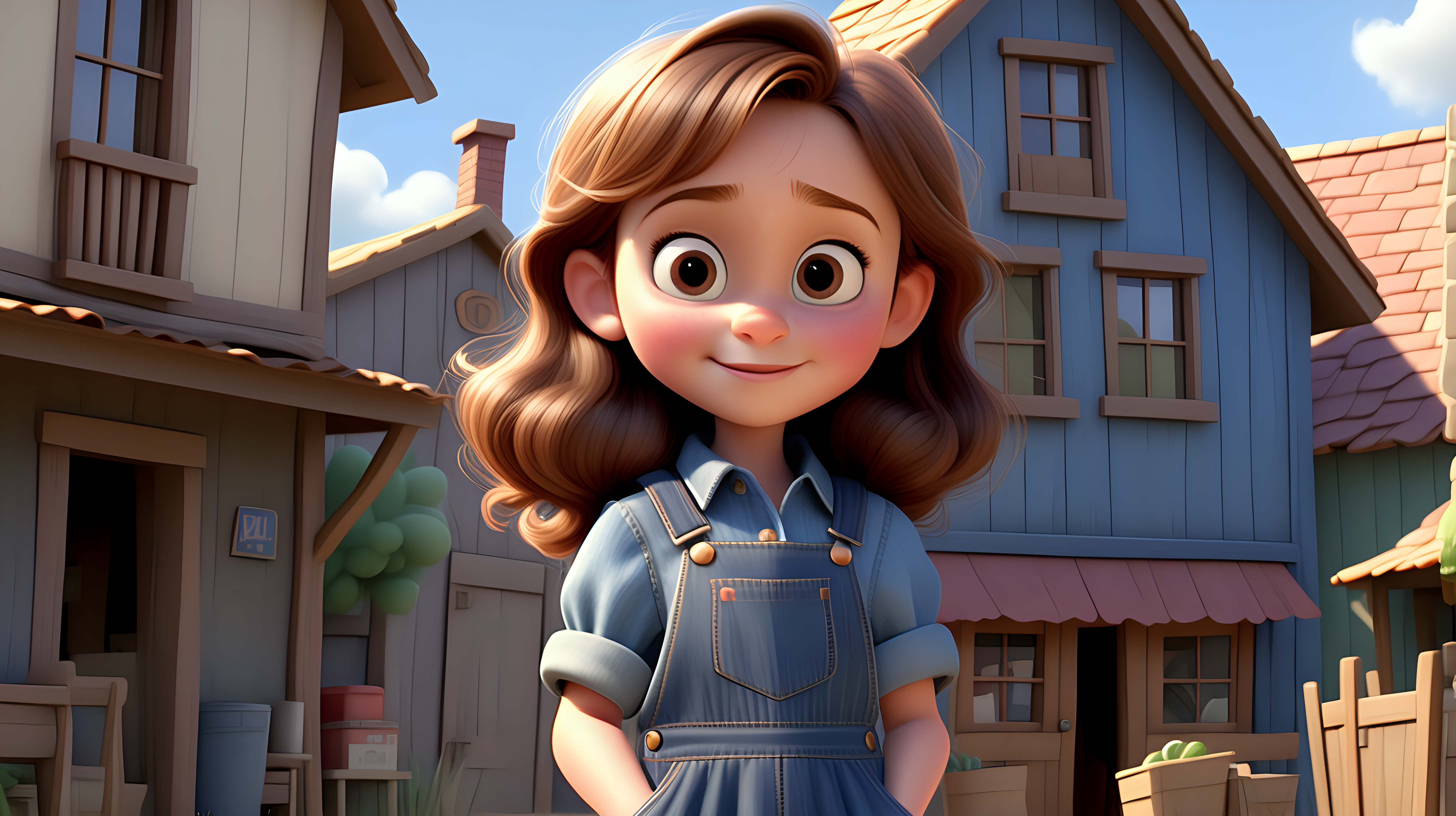 imagine 4 year old small girl with brown hair, fair skin, light brown eyes, wearing a denim dress overall, and a blue shirt, use Pixar style animation, make it full body size, in a village