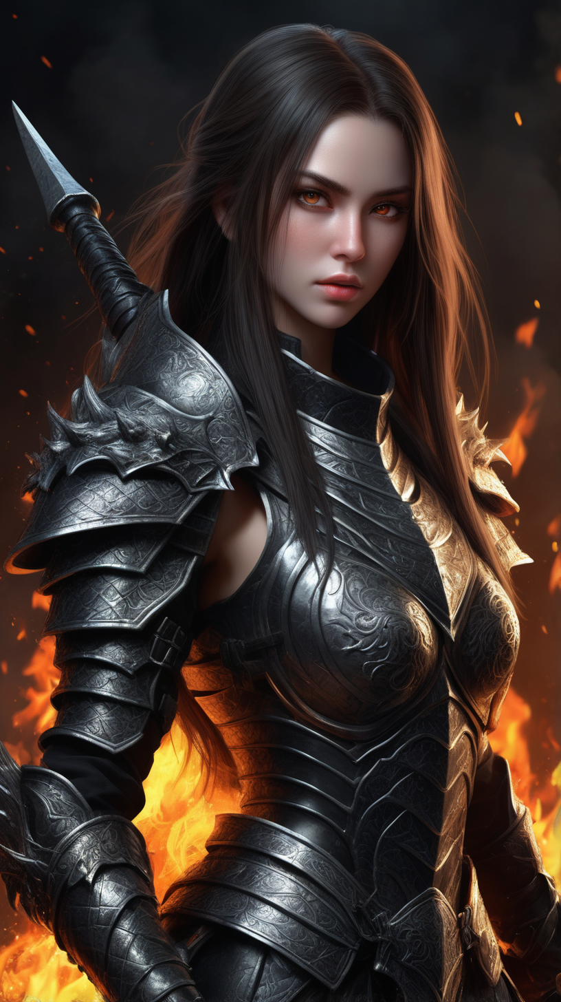 Realistic women with black scary armor, Holding fire Sword, human face, long hair, perfectly detailed on dragon armors, Super detail face, high details on face, realistic face, character highly detailed, character sheets, Detailed, sharp focus, Super detailed full body, 32k resolution, Only a reality graphic, epic background, epic pose, horror, high resolution, Resonance, fire and ash background --niji --ar 9:16