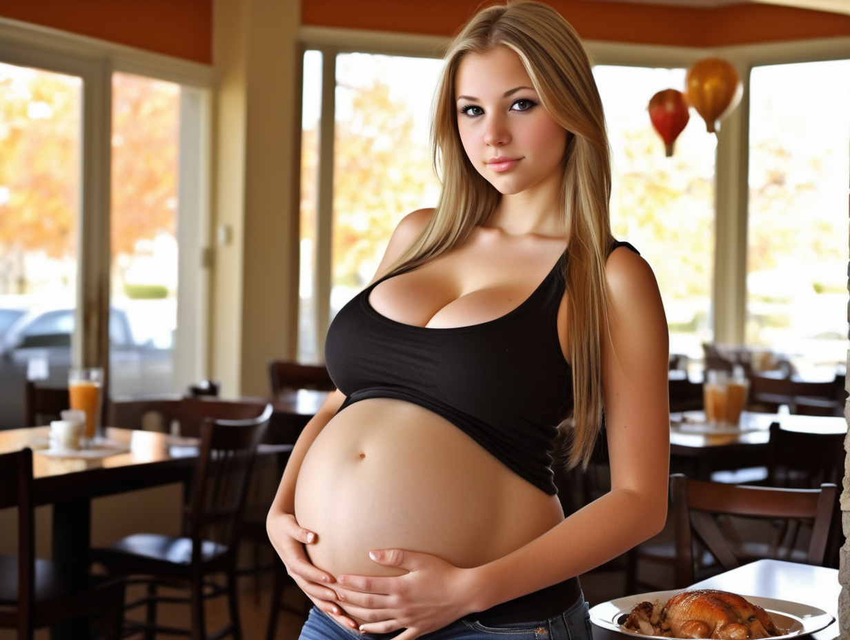 Absolutely stunning beautiful, gorgeous, girl next door look, 18 years old slim very pregnant woman with very large breasts. Looking at a tables that are full of thanksgiving food, turkeys, mashed potatoes, rotisserie chicken, sushi, cake. She has very long straight dark blonde hair with highlights and is wearing black eyeliner. She is wearing a tank top. She is slim, but her breasts are huge. She is very sexy. Girl next door look. She has a perfectly round pregnant belly. curvy but slim. 