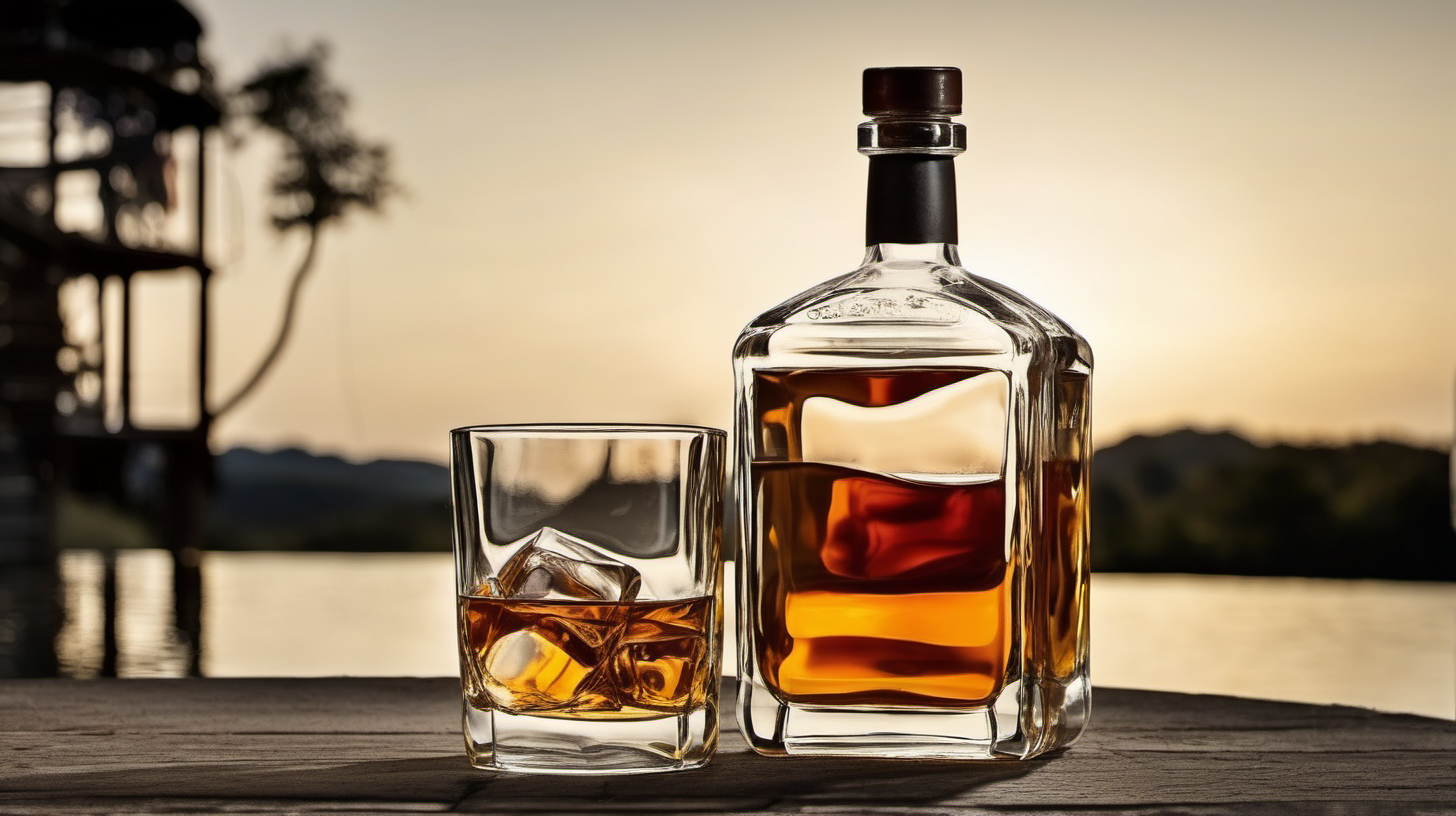 bottle of whiskey and glass in a o
outdoor setting