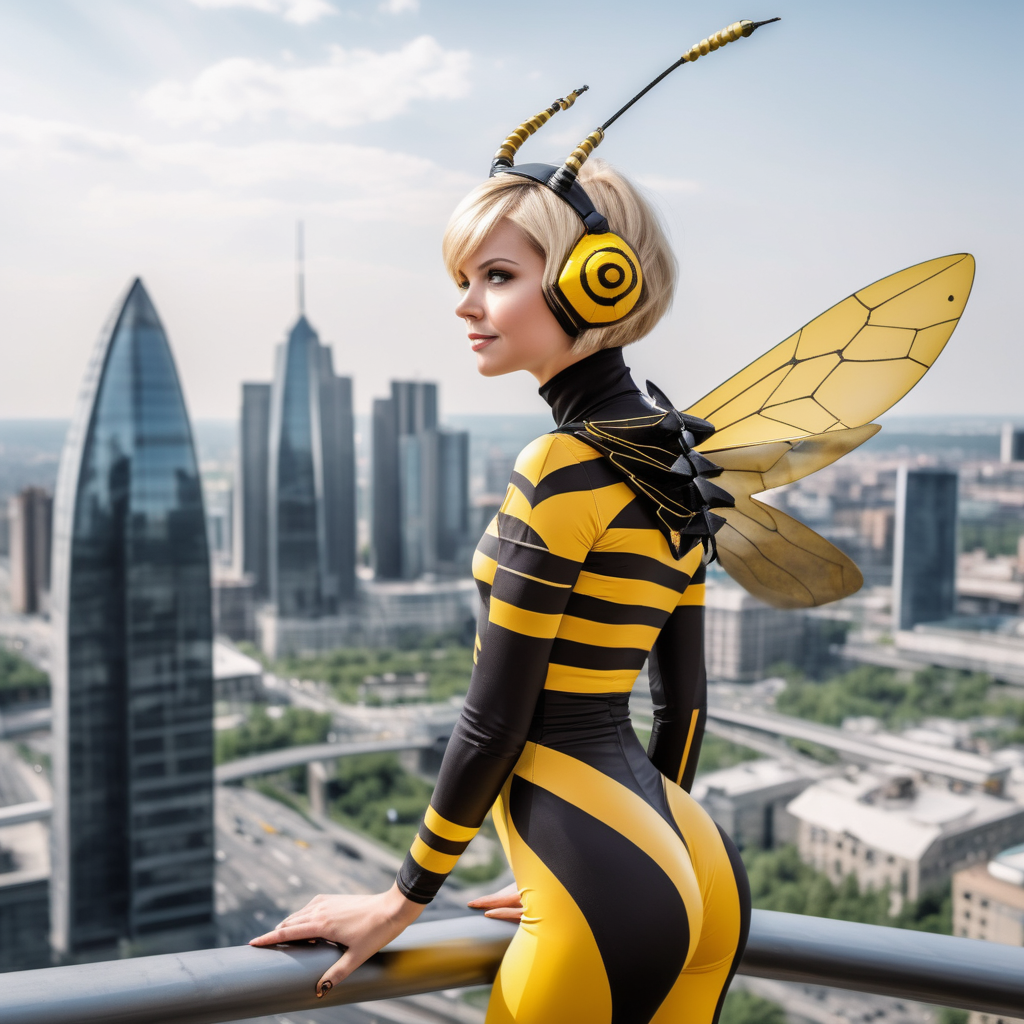 pretty girl, short blonde hair, yellow and black skintight jumpsuit, bee theme, bow and arrows, technological bow, yelloww and black technological helmet with bee antlers, technological bee wings, flying over the city, day