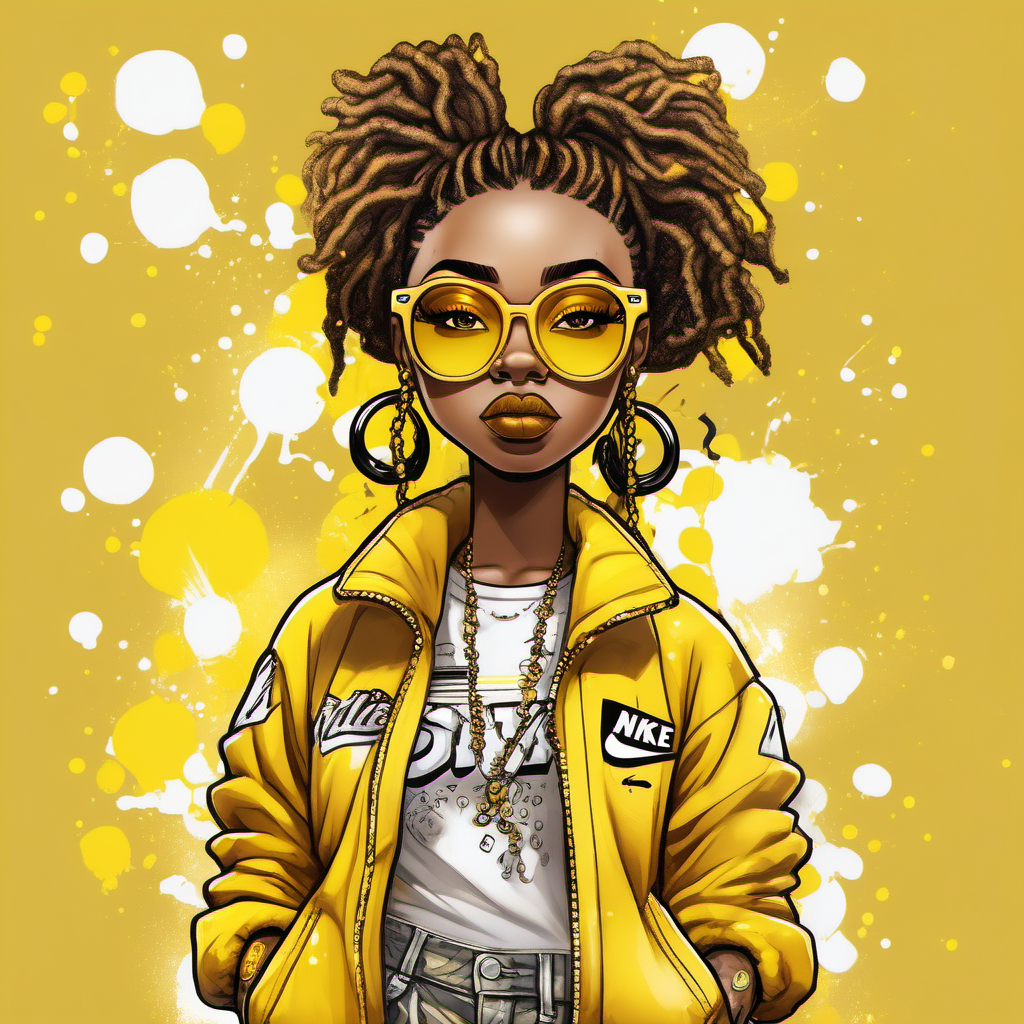 A hyper very realistic beautiful chibi style super curvy shaped African American woman with pinned up locs, wearing yellow glasses,The background is yellow and white splash and spots. She is confidently dressed in a yellow fur coat and white ripped jeans, and a yellow tee that says “PHILO” in white letters with matching Nike dunks and Jewelry. The artwork showcases intricate details and attention to the woman's features