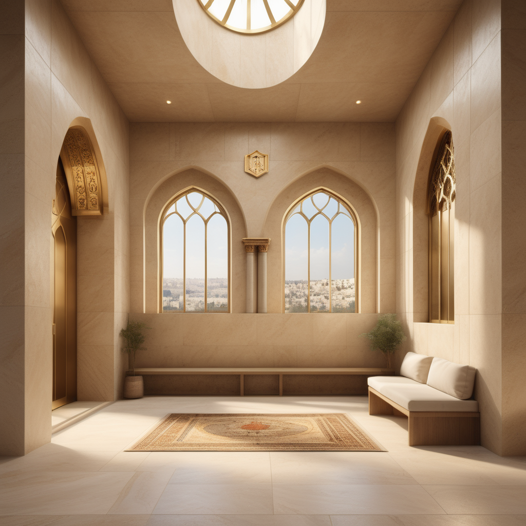 a hyperrealistic image of a Modern Jerusalem-inspired prayer room;  beige, oak, brass interior; windows; limestone flooring
