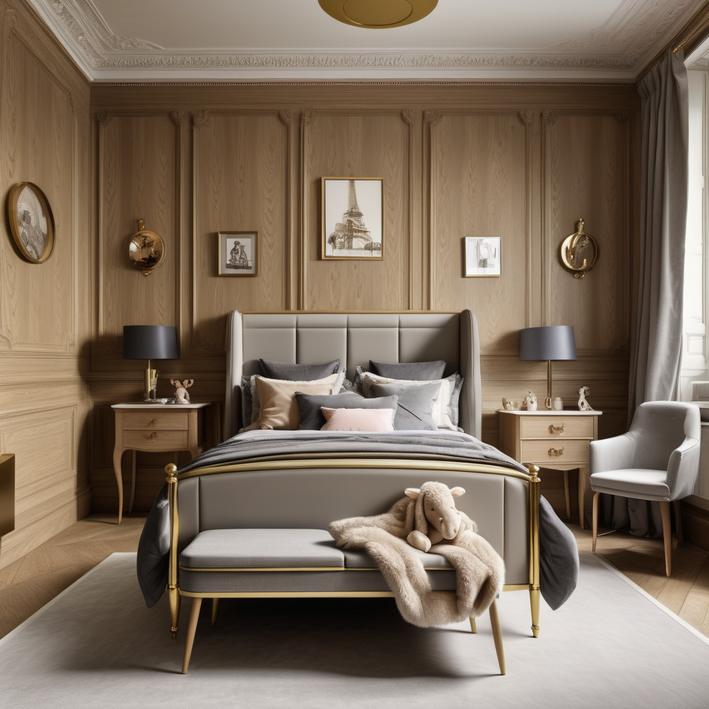 hyperrealistic image of a modern Parisian large childrens room with a brass double bed; oak wall panelling; beige and grey equestrian wallpaper; beige, oak, brass and slate-grey colour palette