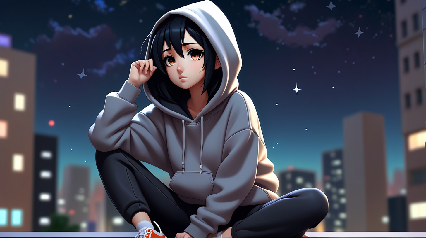 Late one night young anime women is sitting
