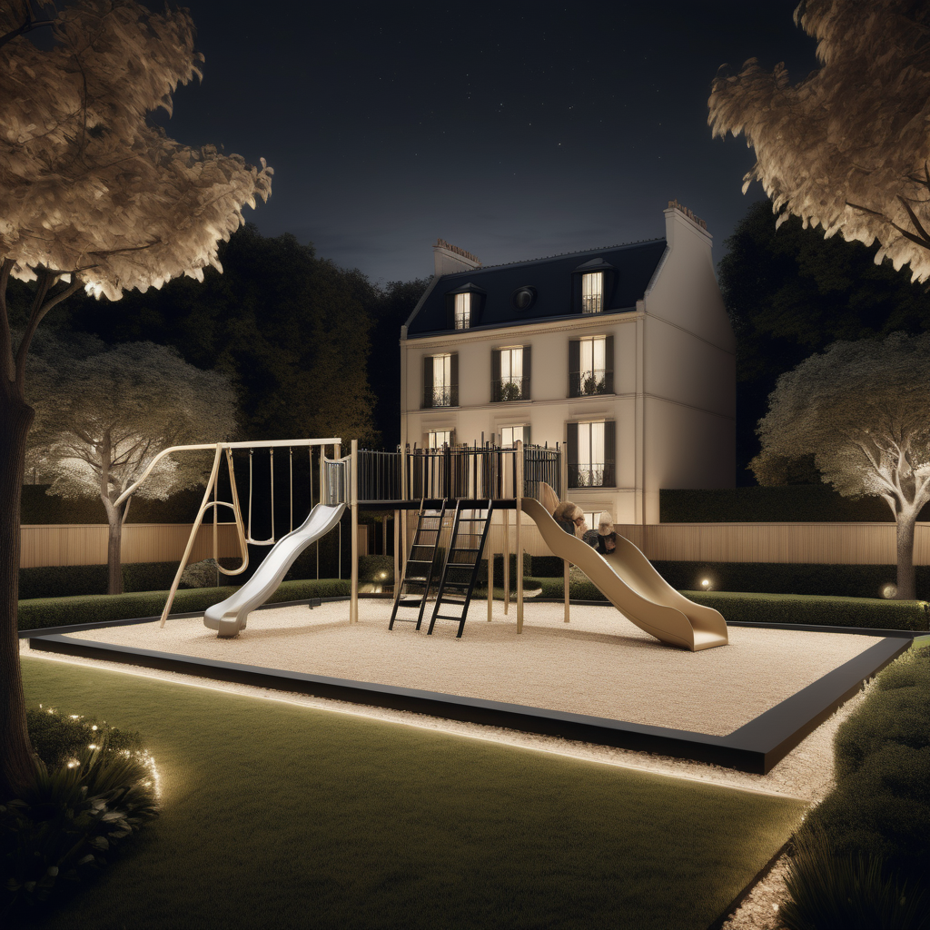 a hyperrealistic of an Modern Parisian estate home playground at night with mood lighting, surrounded by manicured gardens , in a beige oak brass and black colour palette 
