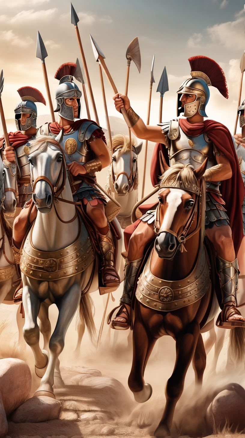 roman warriors with spears in hand and on horseback