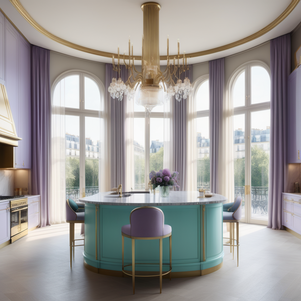 hyperrealistic image of large modern Parisian kitchen with island, floor to ceiling windows, curves, ivory, aqua, lilac and brass colour palette, brass chandelier, sheer curtains