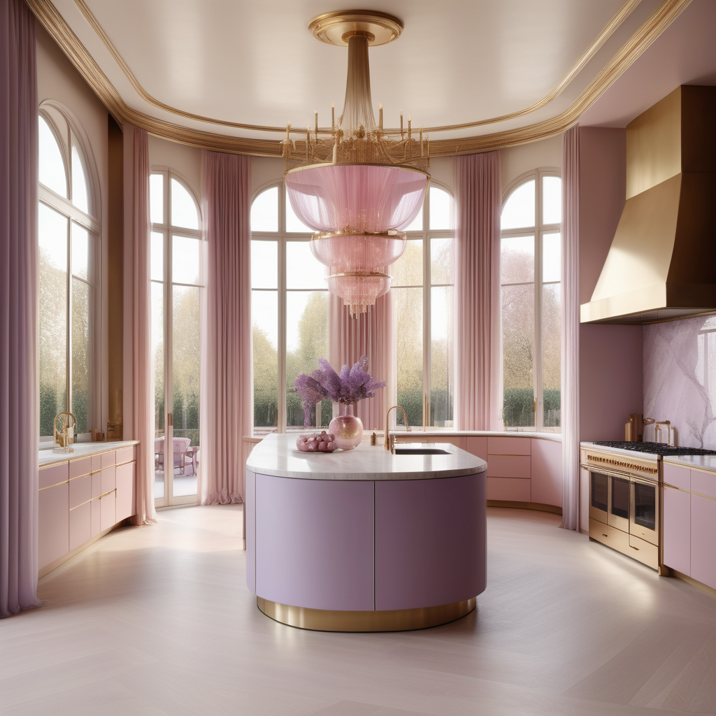 hyperrealistic image of large modern Parisian kitchen with island, floor to ceiling windows, curves, beige, pink, lilac and brass colour palette, brass chandelier, sheer curtains