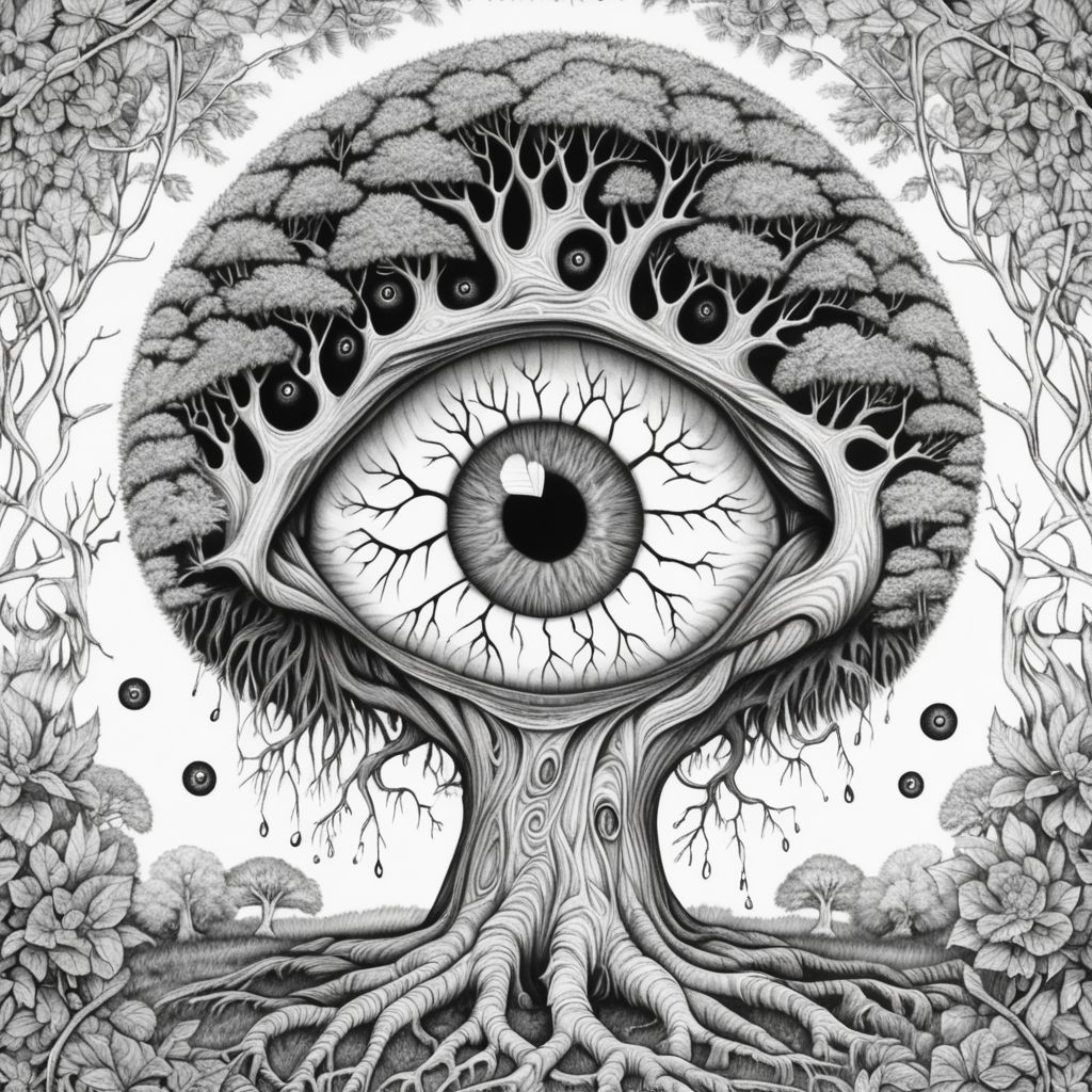 adult coloring book, black & white, clear lines, detailed, symmetrical sick rotting eyeball tree