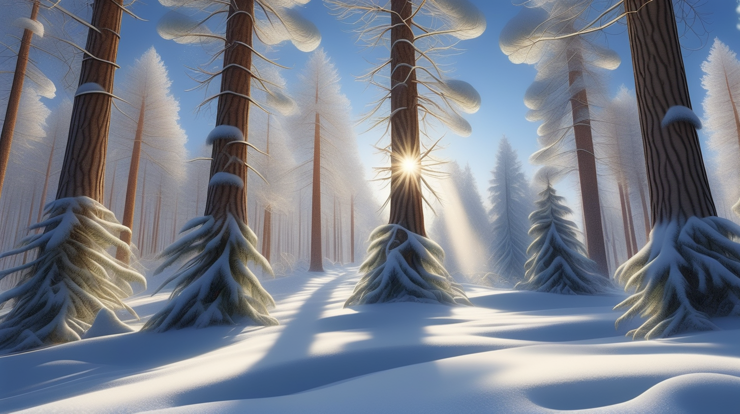 В лесу зима,  солнце светит ярко на синем небе, падает снег , снежинки кружатся в воздухе и ложатся на деревья высокие сосны, ели, дубы  и  на землю, образуют огромные сугробы. бегут  много разных зверей, оставляют свои следы