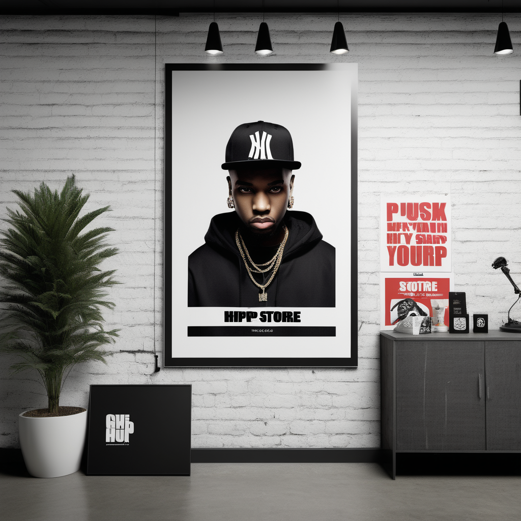  image mock up featuring a poster on a wall inside a hiphop/urban store  