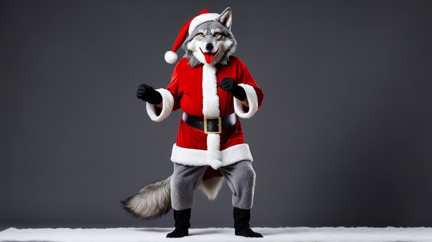  Санта клаусом нарядился  серый волк и стоит на двух ногах