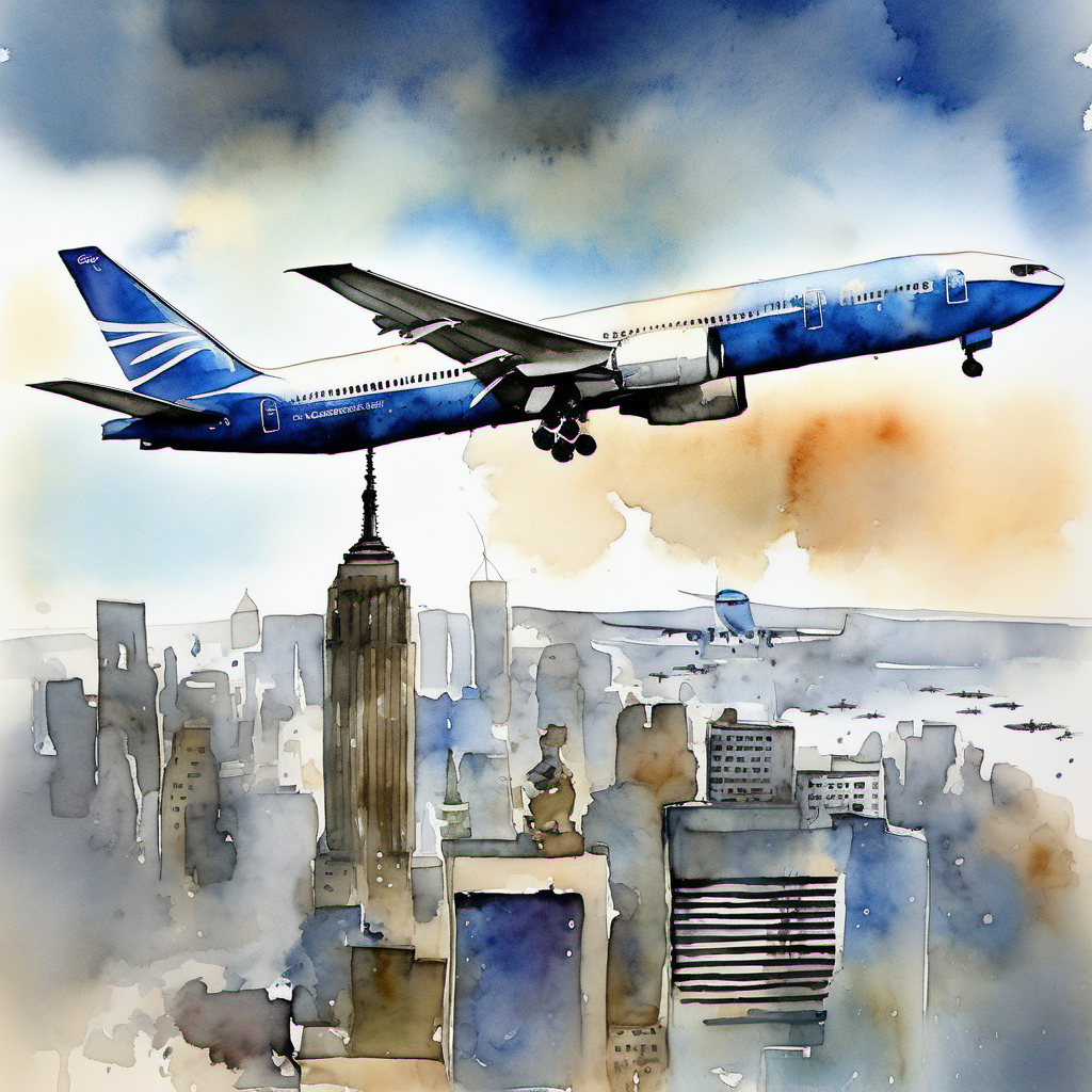 Boeing 767 departure from big City, watercolor art