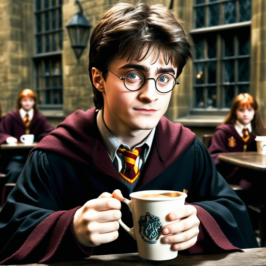 Harry Potter drinking coffee