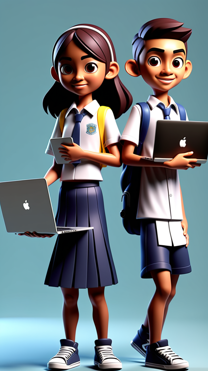 high school kids from Nusa Tenggara Barat holding laptop in 3D character form full body




