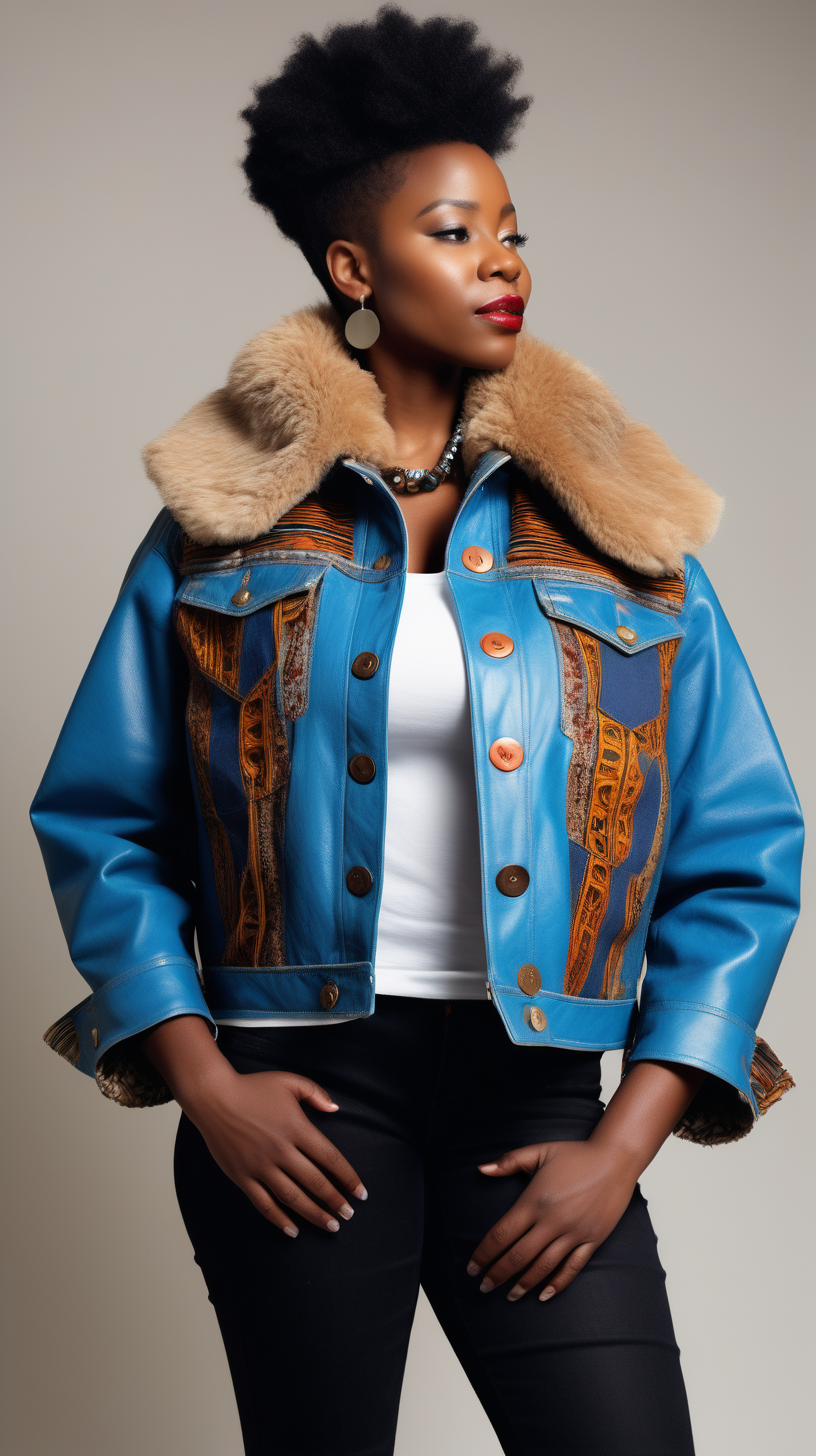 A beautiful black woman wearing a Levi denim jacket, restyled into a three quarter length jacket, made of Cerulean Blue, lambskin leather, with african printed fabrick inserted in various places, show Front, Back, and Side views with stainless buttons, with a fluffy rabbit fur collar