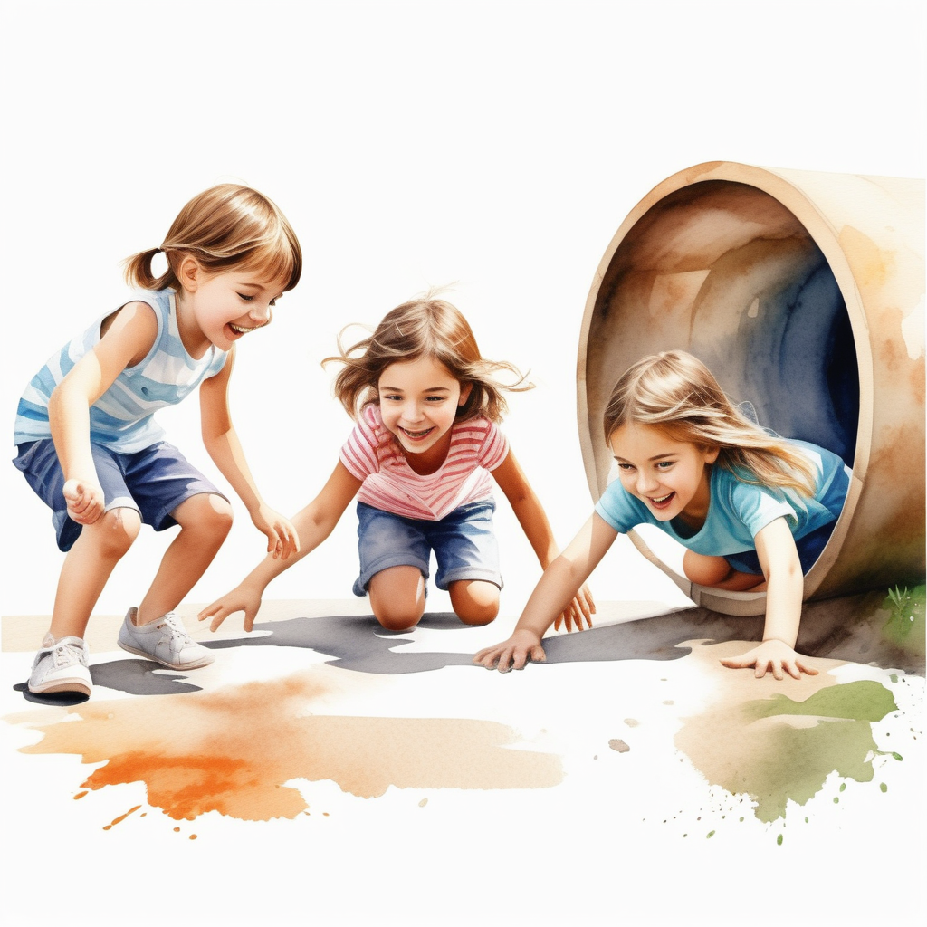 bílé pozadí_vytvoř realistickou ilustraci_realnější tváře_která je určena pro děti _  Téma Letní prázdniny: děti si hrají na hřišti_průlezky_akvarelové barvy
