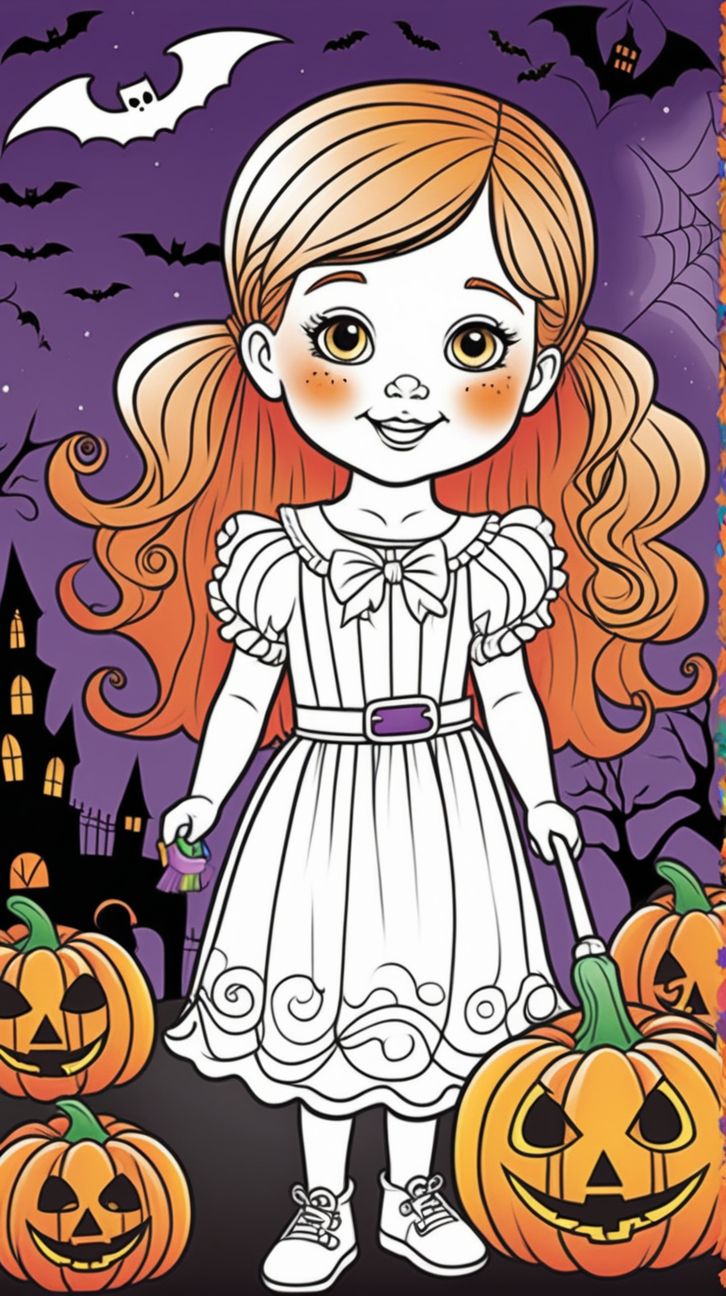 Cover of a children's coloring book: A little girl at a Halloween party, in full colors