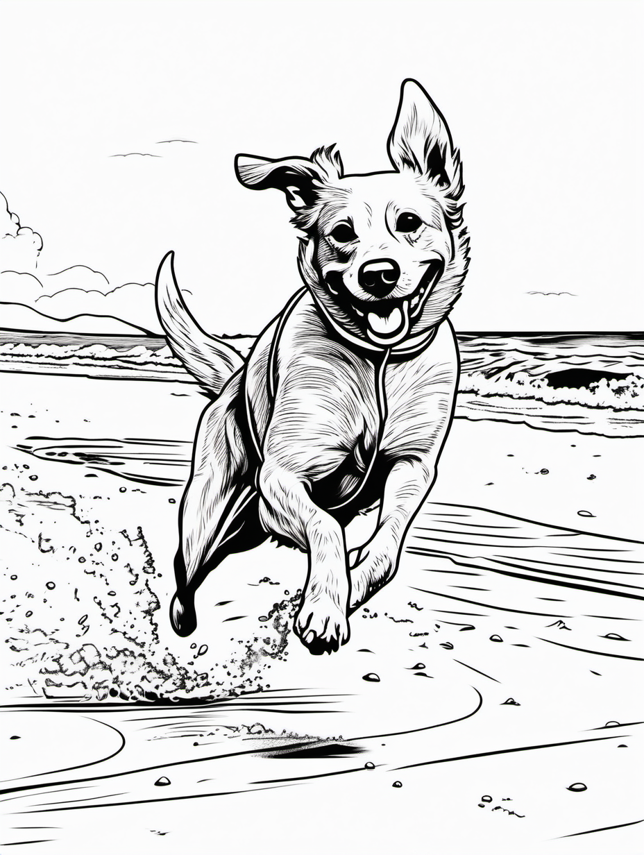 dog running after a frisbee on the beach , coloring page, low details, no colors, no shadows