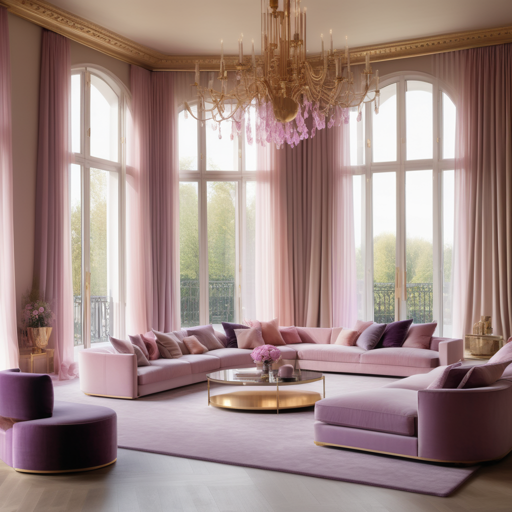 hyperrealistic image of large modern Parisian home theatre, floor to ceiling windows, beige, pink, lilac and brass colour palette, brass chandelier, sheer curtains