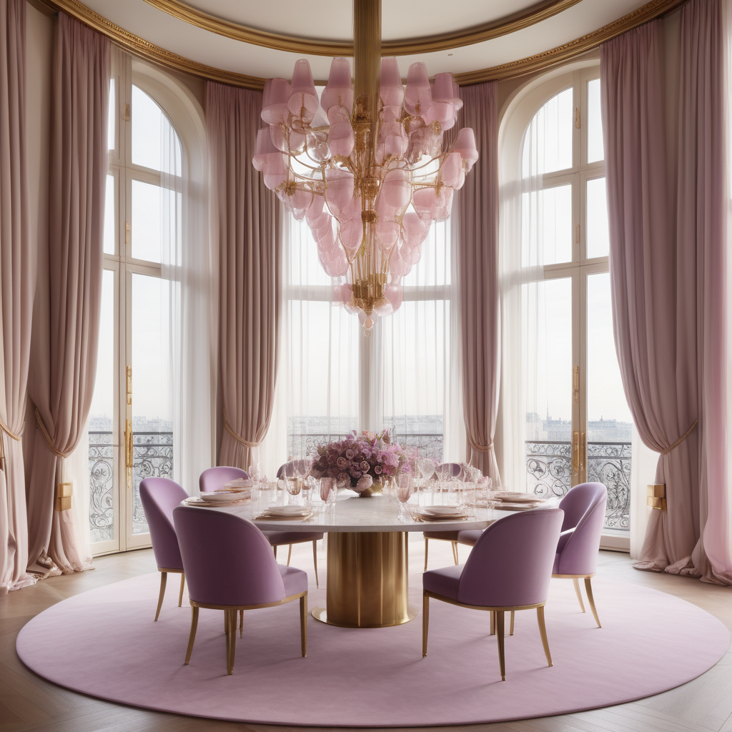 hyperrealistic image of large modern Parisian dining, floor to ceiling windows, curves, beige, pink, lilac and brass colour palette, brass chandelier, sheer curtains