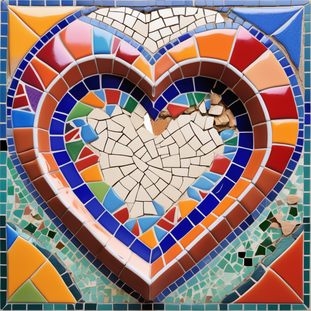 Design an image with multicolor broken tile. Lively colors. Similar to Gaudi's works. It exploded in the middle. THE OPENING IS IN THE SHAPE OF A HEARTH. Add TEXT. The text says TO CHERI AND GONZALO WITH LOVE.