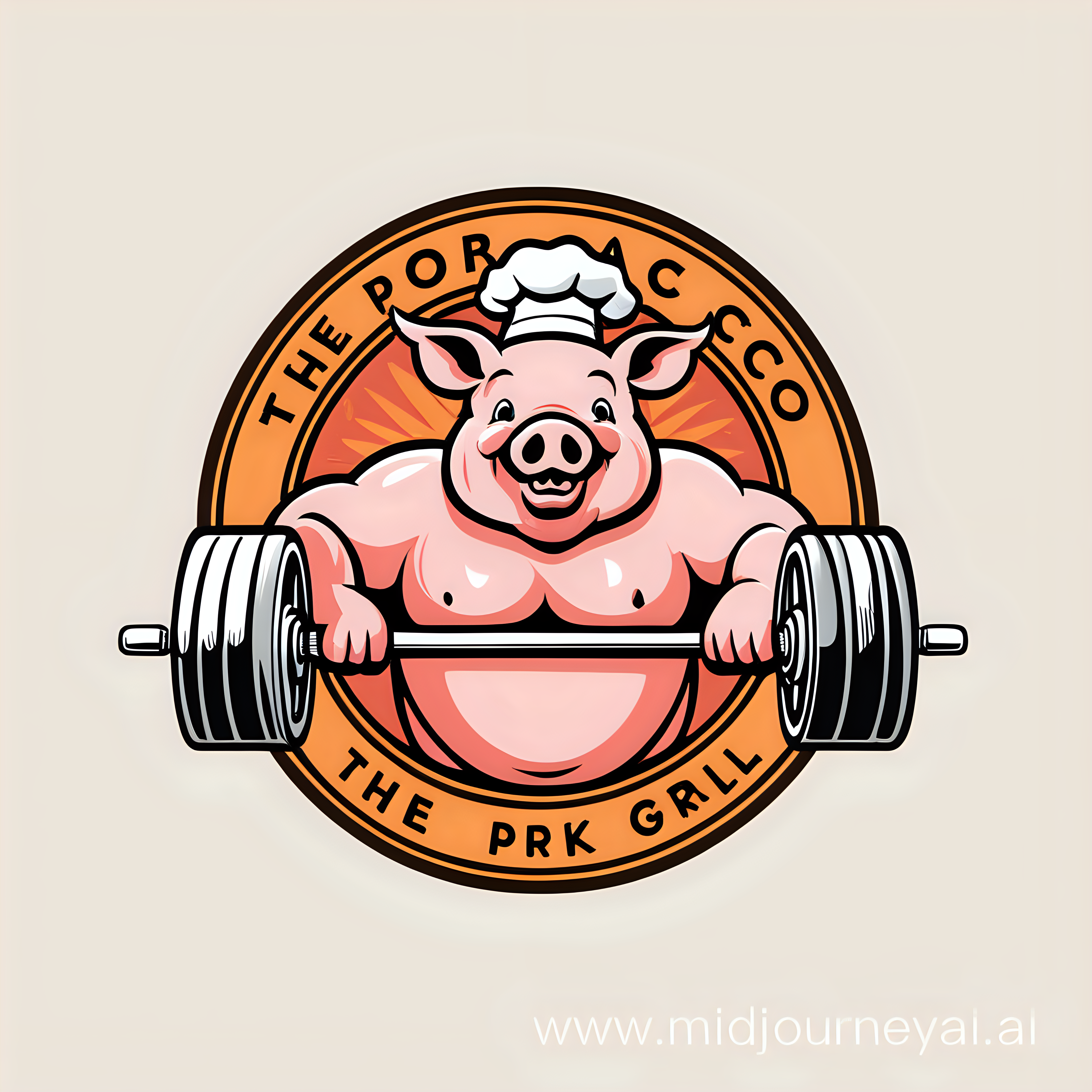 logo creativo para un restaurante de tacos con el nombre de: "The Pork Grill". Que tenga como imagen un cerdo fuerte cargando unas pesas. 