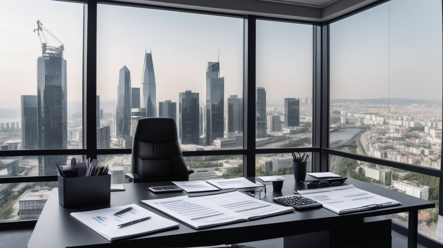 a modern black office, minimalist style, financial, modern table with financial reports and calculator and glasses, professional, cinematic, beside a big horizontal window with a panoramic view of a cityscape, along the wall a big well organised workbooks, professional photo, stock photography, industrial tone --ar 5:3