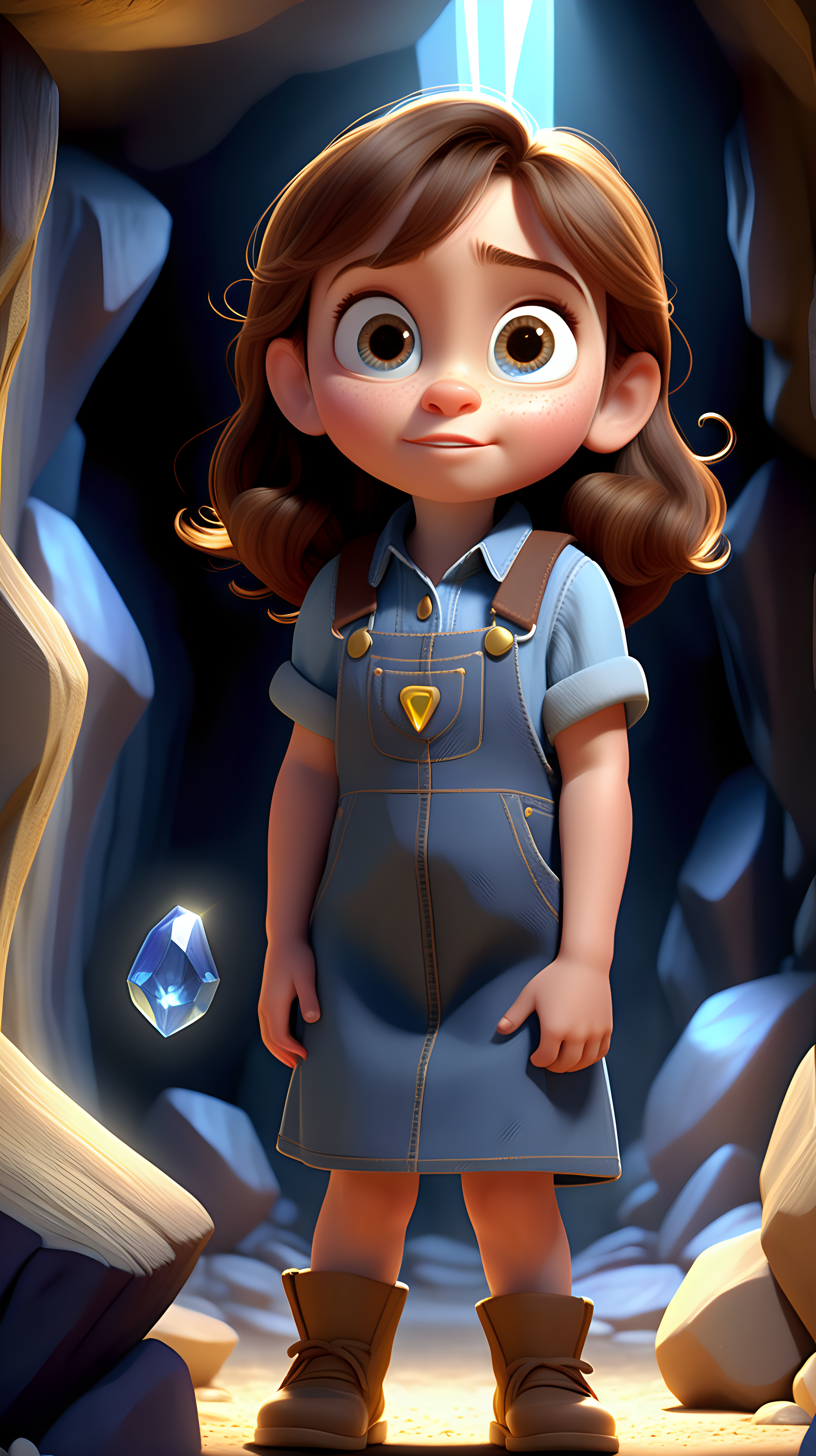 imagine 4 year old small girl with brown hair, fair skin, light brown eyes, wearing a denim dress overall, and a blue shirt, use Pixar style animation, make it full body size, standing inside a cave holding a Yellow crystal and a blue crystal
