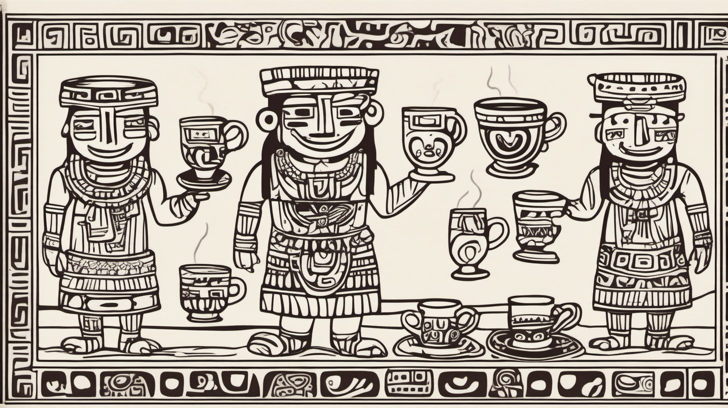 A figure dressed in Mayan or Aztec style holding a mug of coffee.
Perhaps other figures, such as snowmen or angels, also dressed in traditional style.