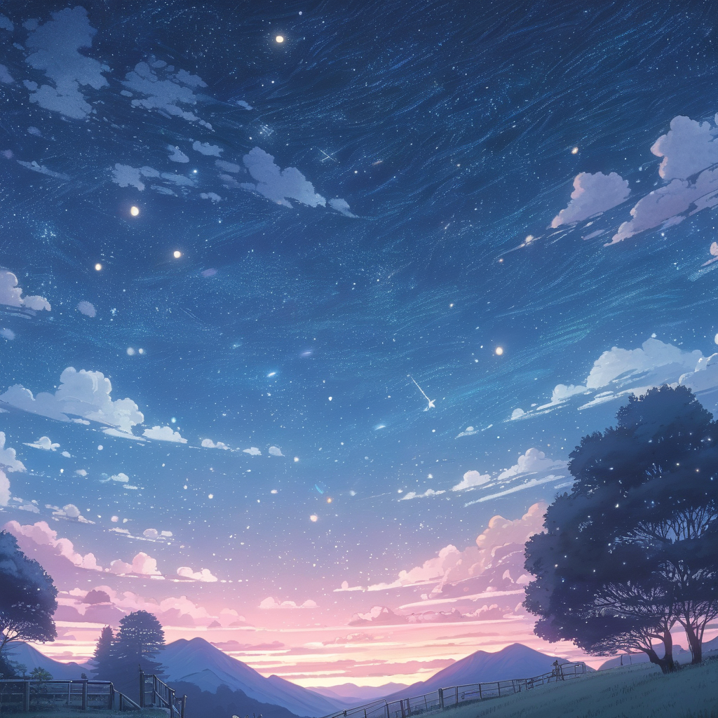 beautiful starry sky at dusk, hand-drawn, anime, lofi, pastel, cinematic, nostalgic