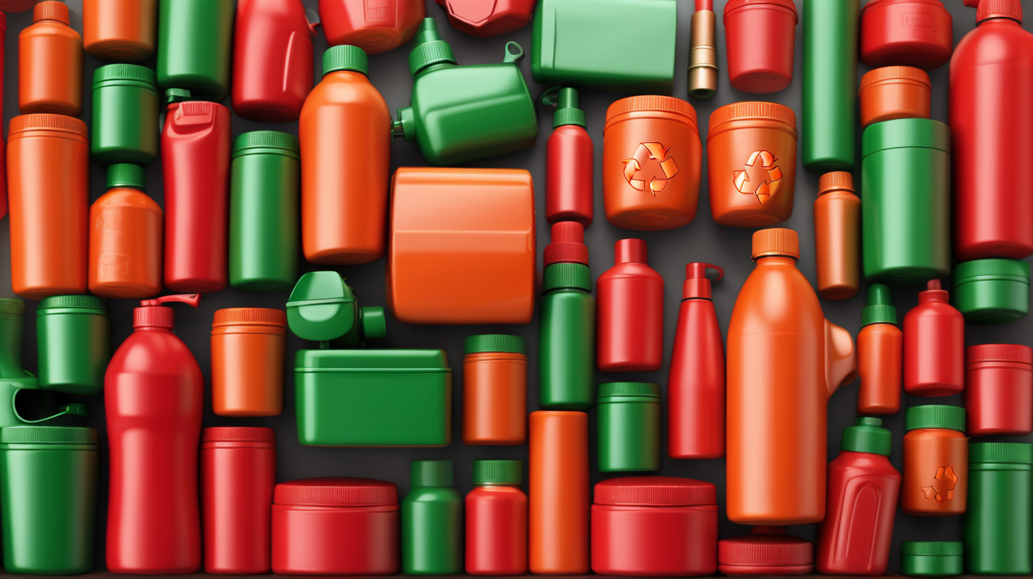 Imagine a powerpoint background that can be used for a presentation on the topic of recycling and cosmetic containers. Main colors, green orange and red. Mostly red
