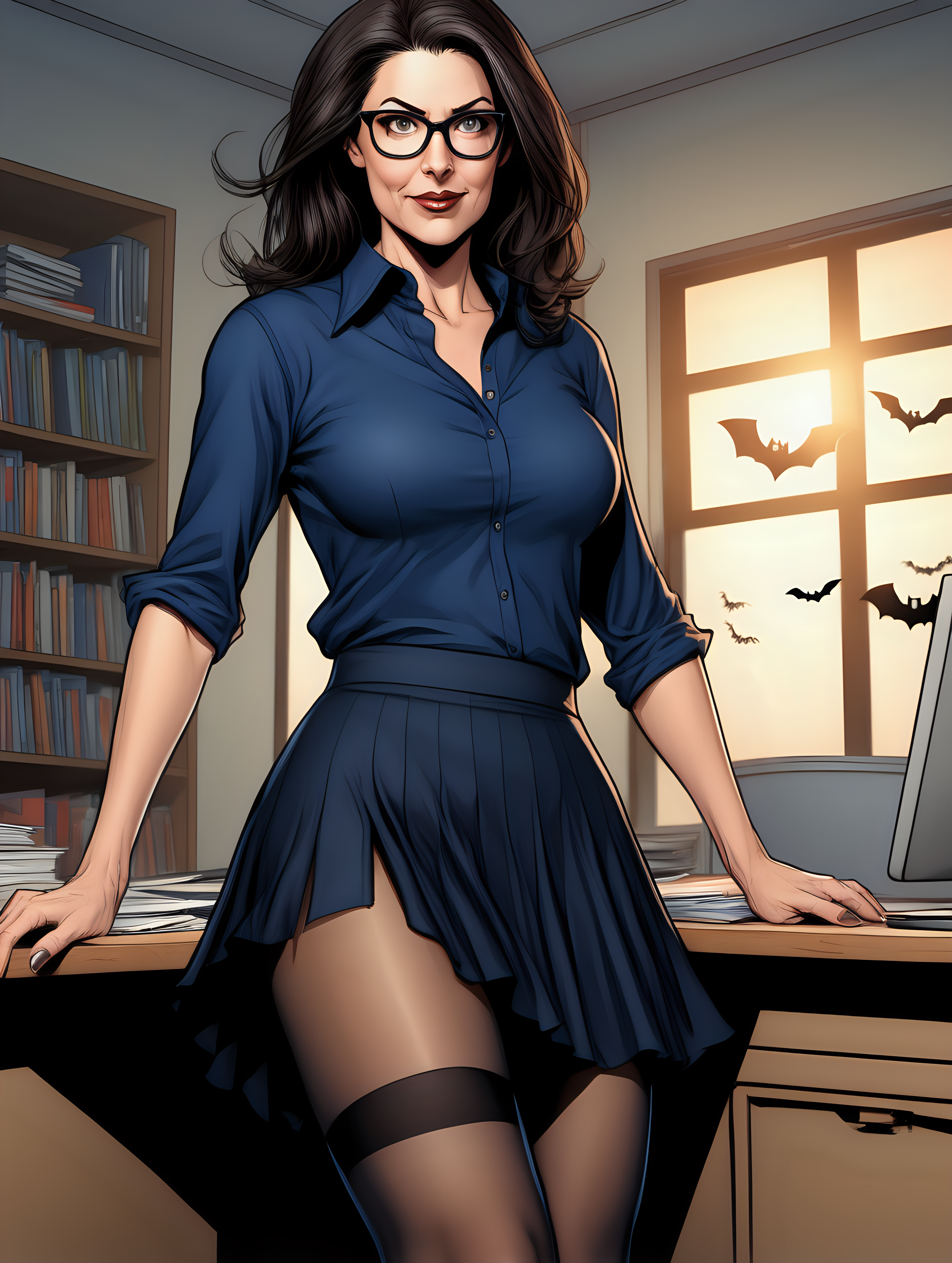 Beautiful, mature, brunette woman, teacher, glasses, [ripped open] (navy) shirt & (flowy) black skirt, meeting, halloween night[Detailed comic book art style] , thick pantyhose legs