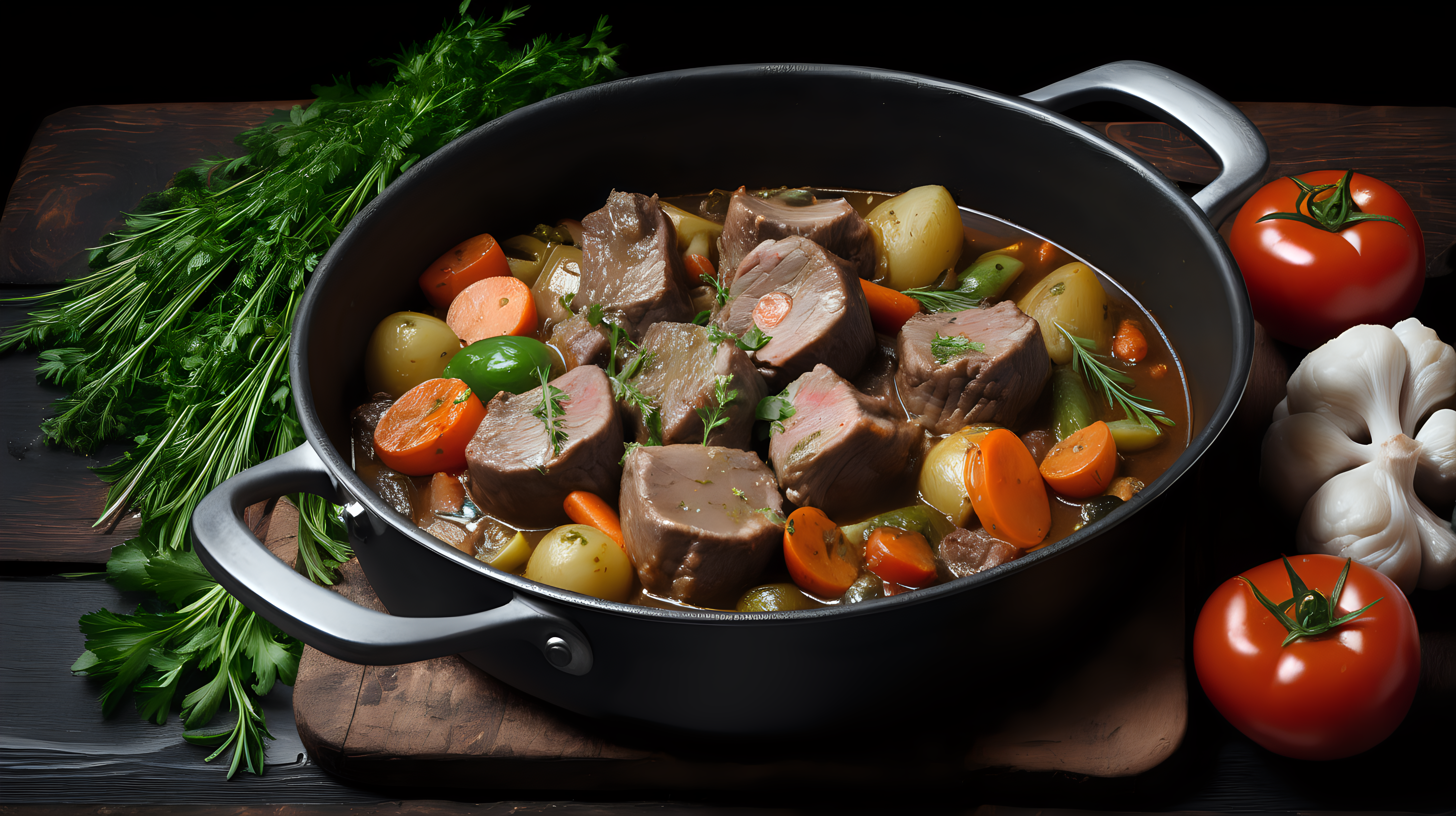 lamb stew in pan  with herbs and vegetables on wooden table, black background 