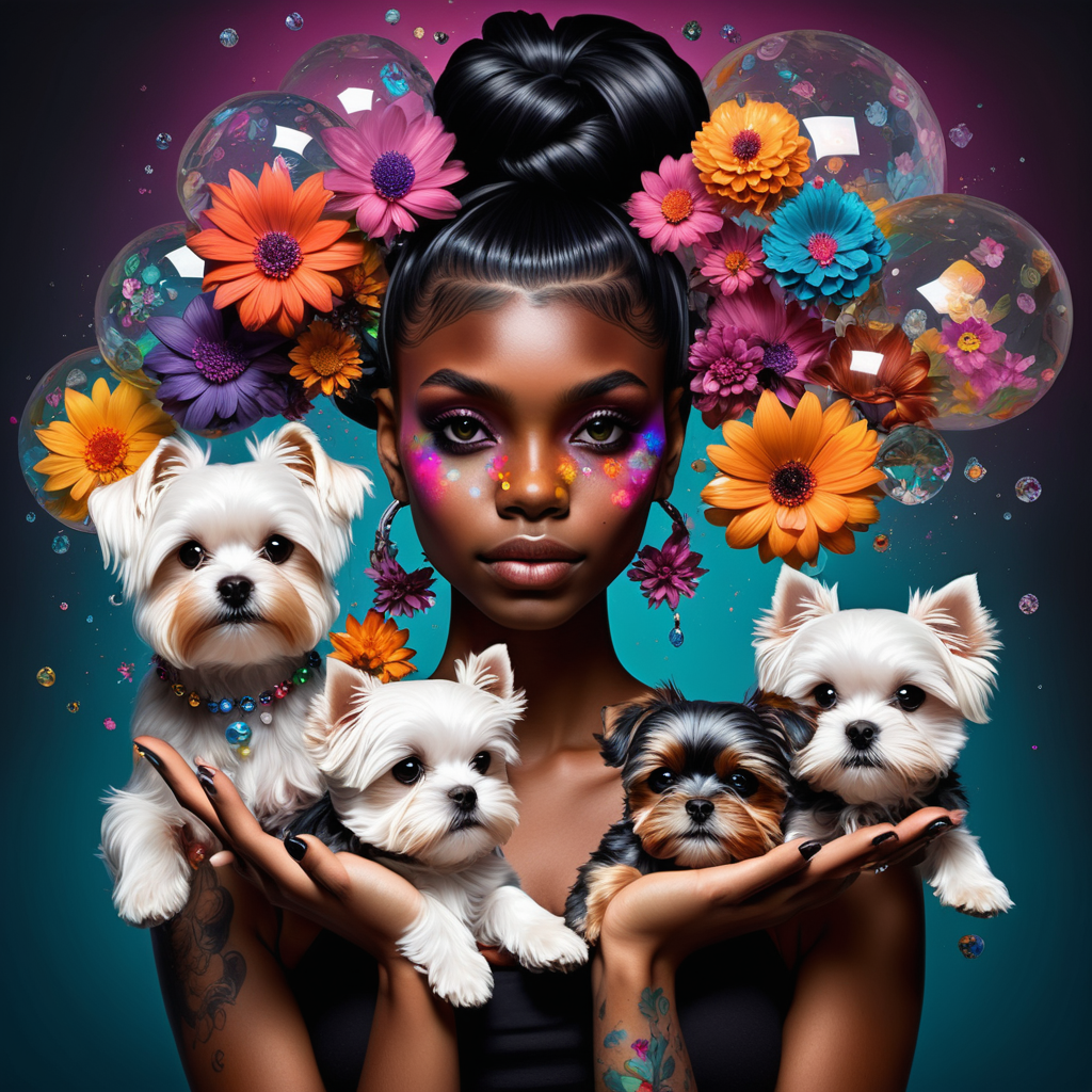 abstract exotic floating crystal orbs , girl holding YORKIE TERRIER and Maltese dogs, 1 DARK BLACK girl  , Model with soft colorful flowers the colors leak into her hair. add  10 crystal balls floating in the air add tattoos on her arms and shoulder