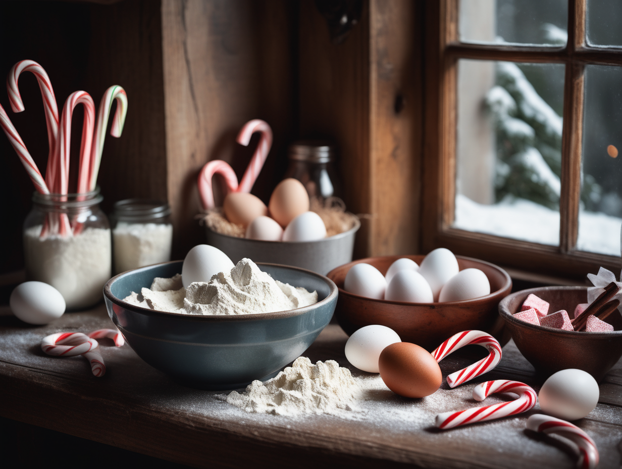 flour in a bowl, eggs on bench, utensils on bench, candies in a bowl, candy canes on bench. moody, ambient, neutral, artistic style. rustic, cottage kitchen and window background close up, angled view.