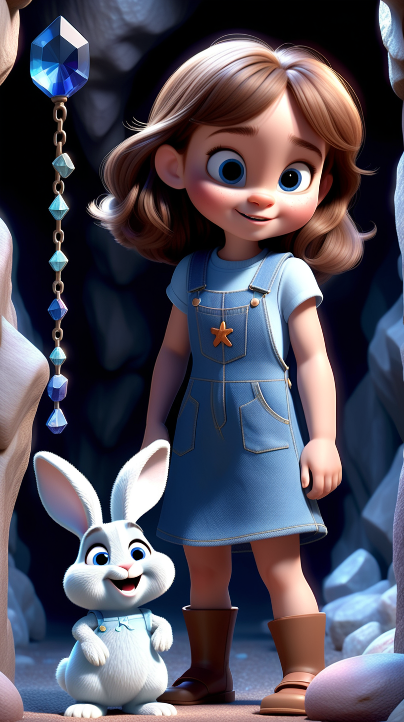 imagine 4 year old small girl with brown hair, fair skin, light brown eyes, wearing a denim dress overall, use Pixar style animation, make it full body size, standing inside a cave holding a key with a blue crystal encrusted, surrounded by crystals, next to a white bunny