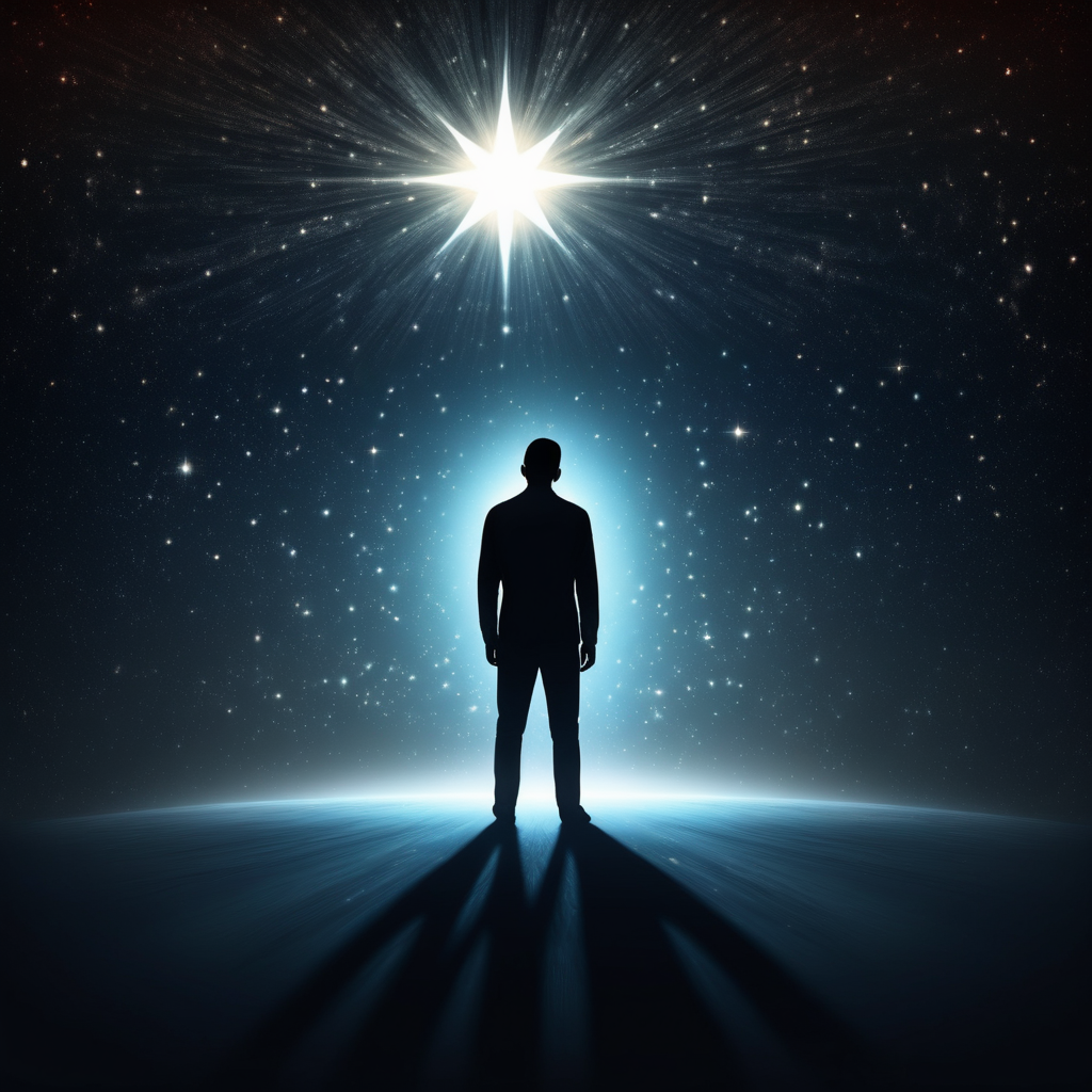 shadows of a man looking into the future, space background with a star.