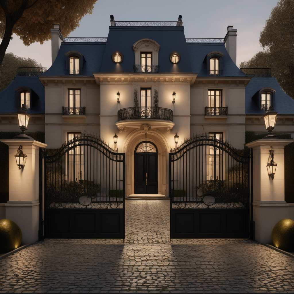 a hyperrealistic of an elegant Modern Parisian estate home exterior with mood lighting, a circular cobblestone driveway behind black wrought iron gates in a beige oak brass and black colour palette 

