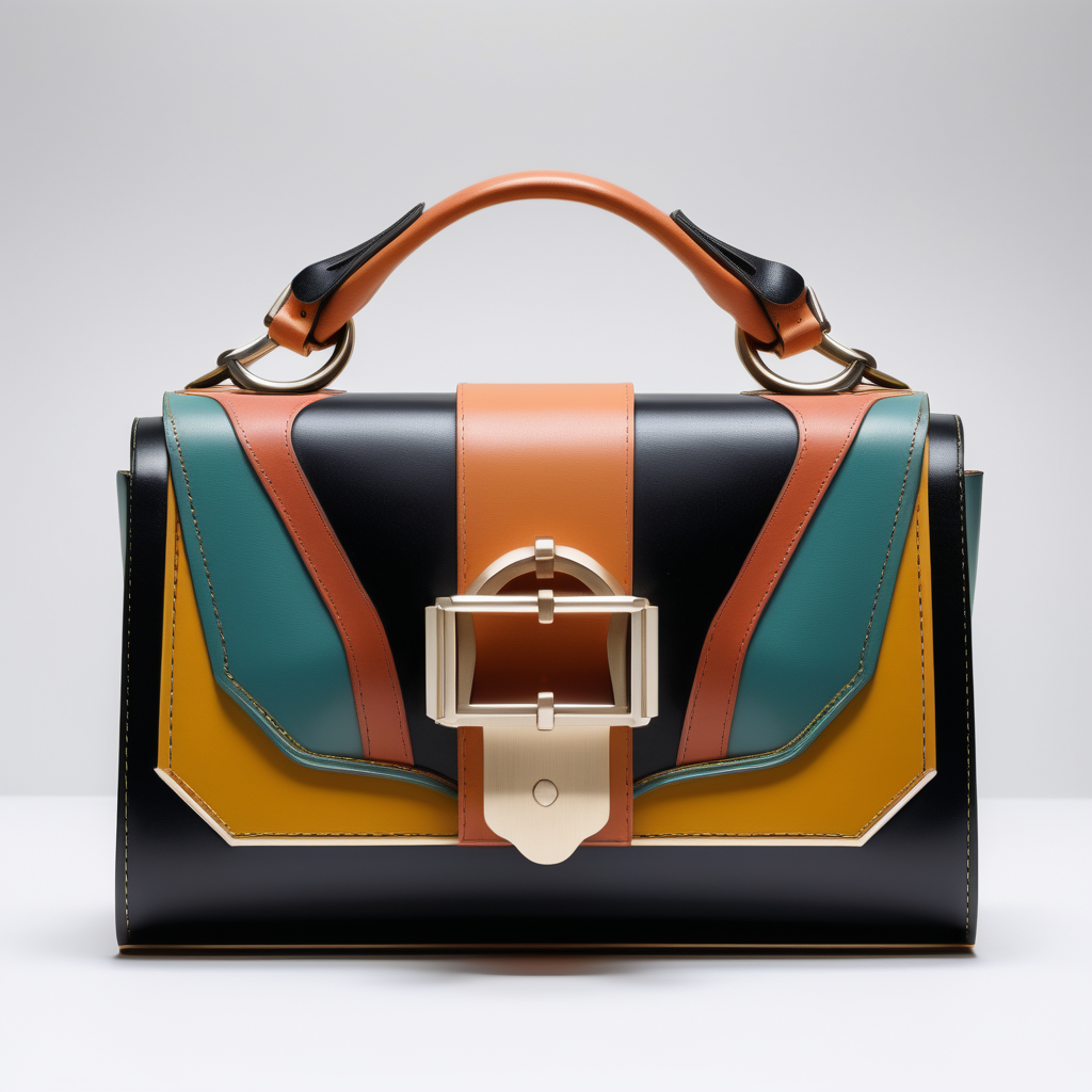 Art Nouveau inspired luxury small  bag  leather with flap and metal buckle- geometric shape - frontal view  - inserts color block 