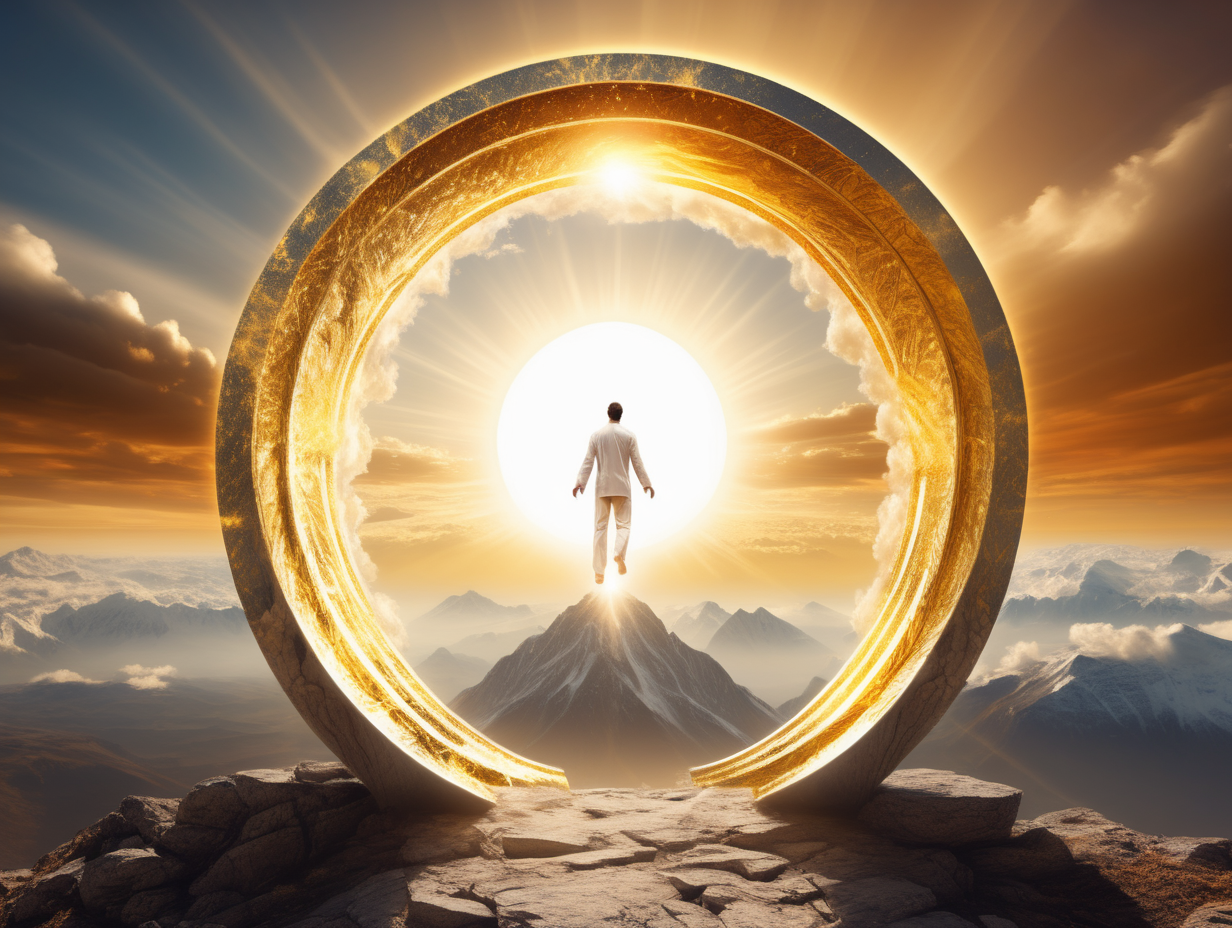 Create me a powerful image of a human stepping through a portal in the sky on top of a massive mountain having a transcendental experience during a golden sunset

Use props like: mind, energy, natural elements, quantum field hypnosis, energetics, portal, consciousness

make the colours mainly white and gold