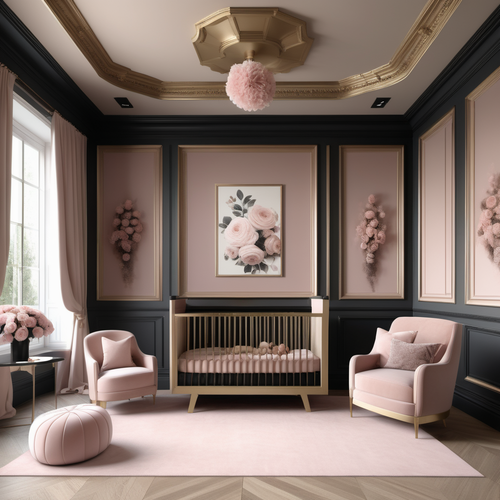 a hyperrealistic image of a Grand elegant Modern Parisian  Nursery in a beige oak brass dusty rose and black colour palette with floor to ceiling windows, coffered ceiling and floral accents