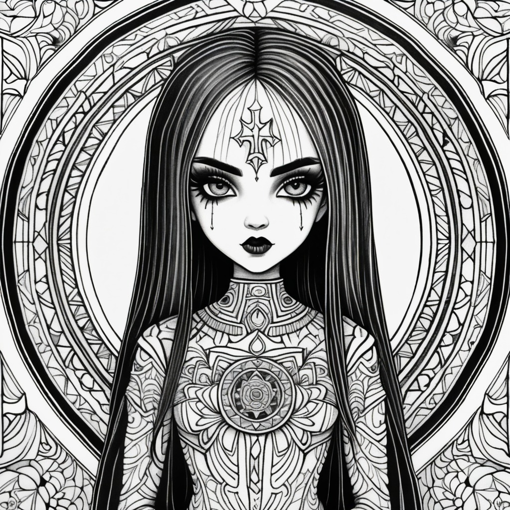 adult coloring page, black & white, strong lines, high details, symmetrical mandala, evil gothic girl doll full body