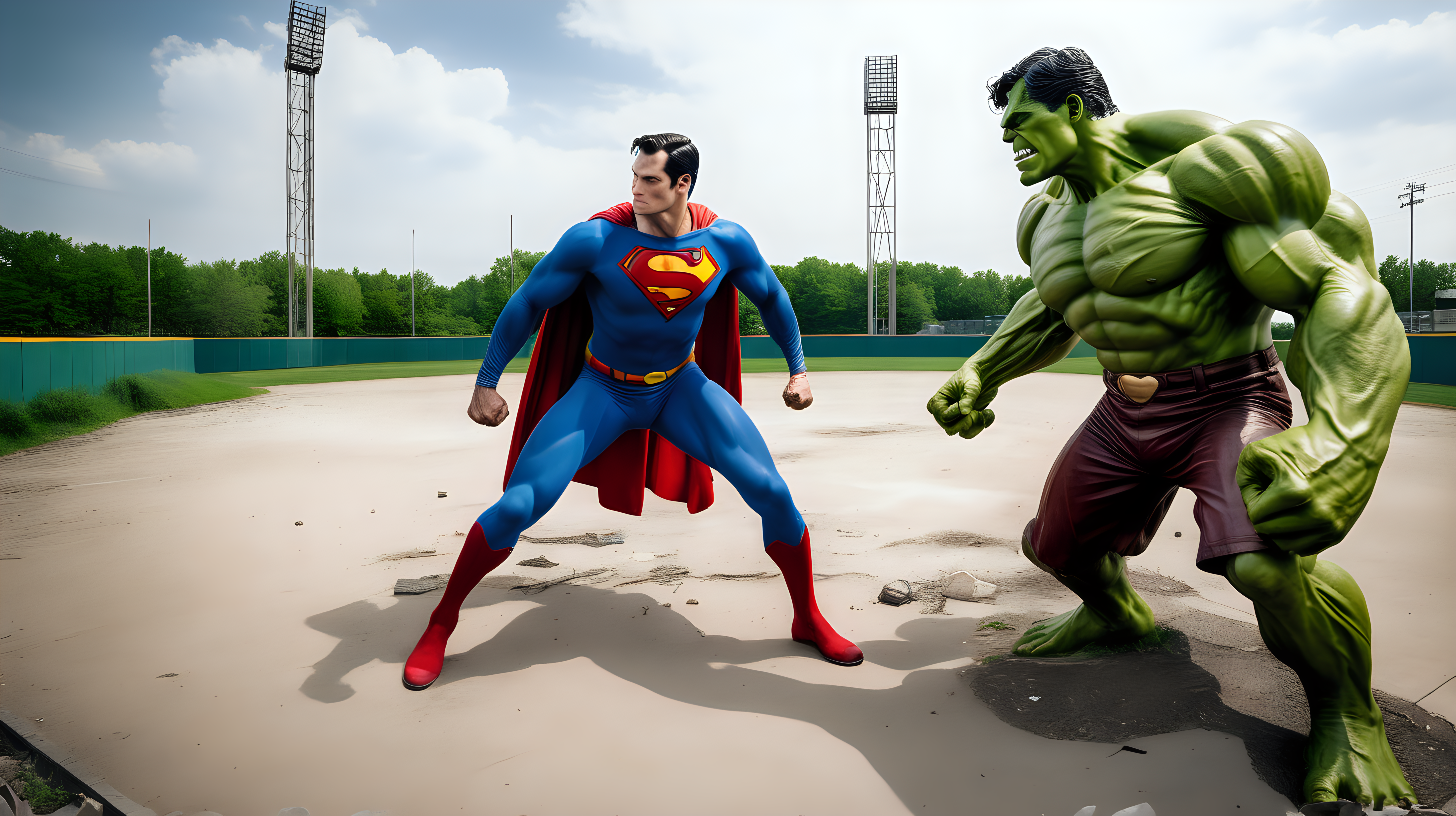 Superman fights the hulk in an abandon baseball park