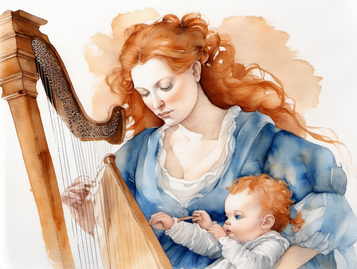 A water Colour painting of a redhaired godmother with a blue eyed baby playing the harp

