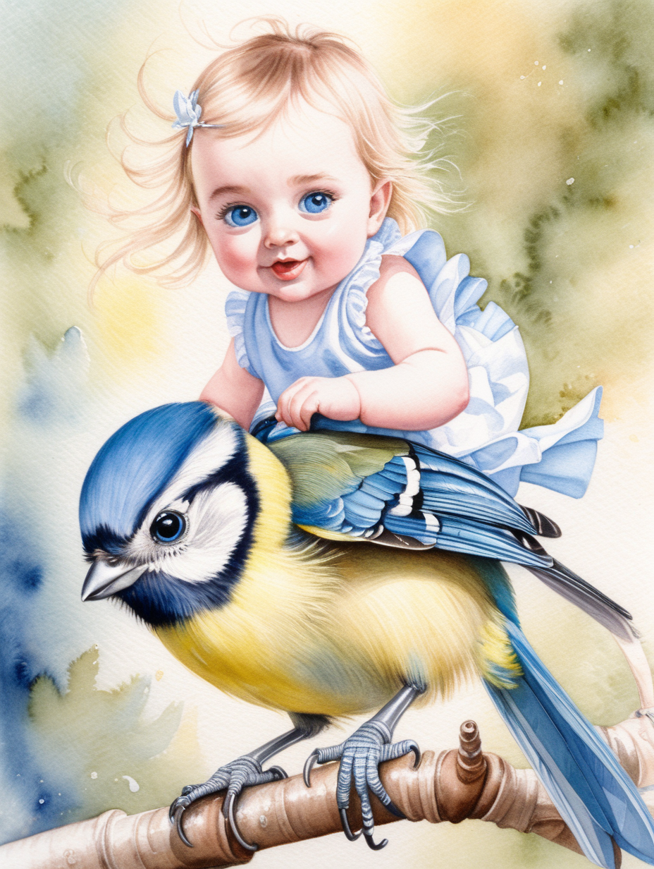 A watercolour painting of beautiful blue eyed baby girl Lillie riding on the back of a bluetit