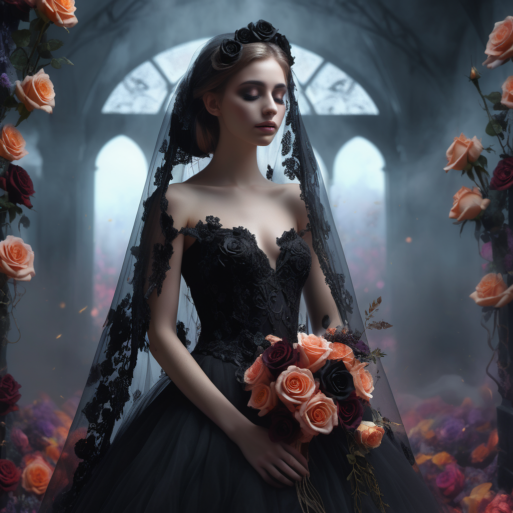 a girl, ((black wedding dress, black wedding veil, black rose, a lot of flowers around)), otherworldly hues, surreal landscapes, dark fantasy art, art-station, a lot of fog around, ethereal glow, vibrant colors, (ghostly effect:0. 8), masterpiece, perfect anatomy, 32k UHD resolution, best quality, highly details, realistic photo, professional photography, cinematic view, cinematic angle, octane render, <lora:more_details:0. 3>, portrait, shot from side, super closeup