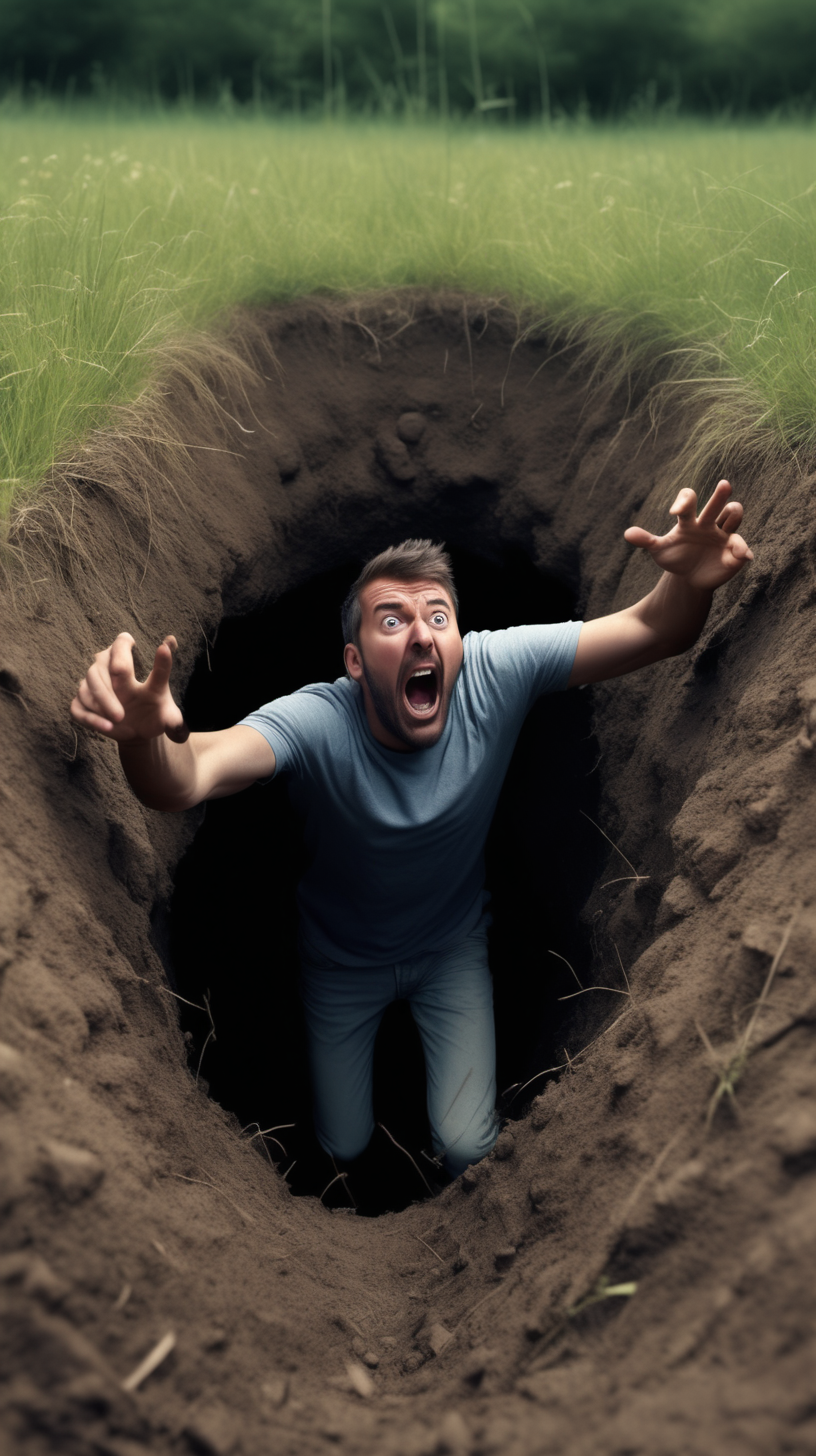 man stuck in a hole ditch screaming for