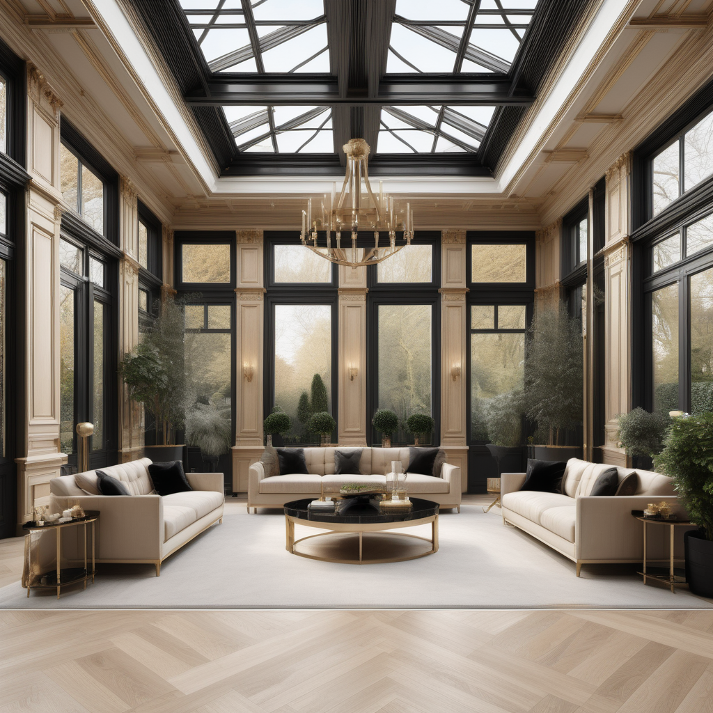 A hyperrealistic image of a luxurious, grand  modern Parisian conservatory in a beige oak brass colour palette with accents of black , with coffered ceiling, floor to ceiling windows